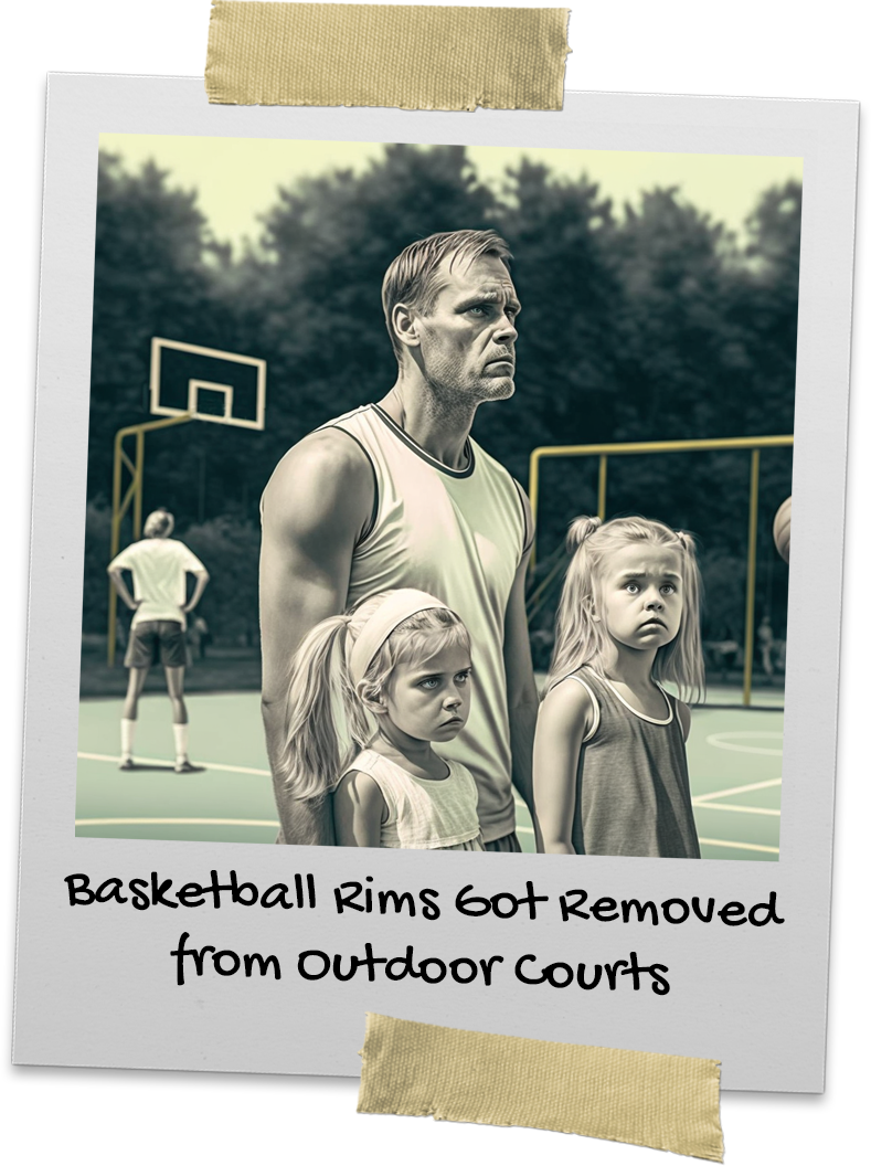 Dad and two daughter look distraught with rims missing from basketball court