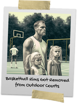 Man and two daughters look upset as the basketball hoops are missing the rims