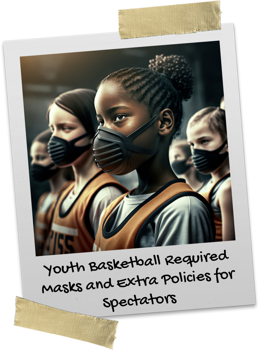 Group of female youth basketball players wearing face masks in a gym