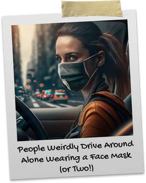 Attractive female driving in her car alone wearing a face mask